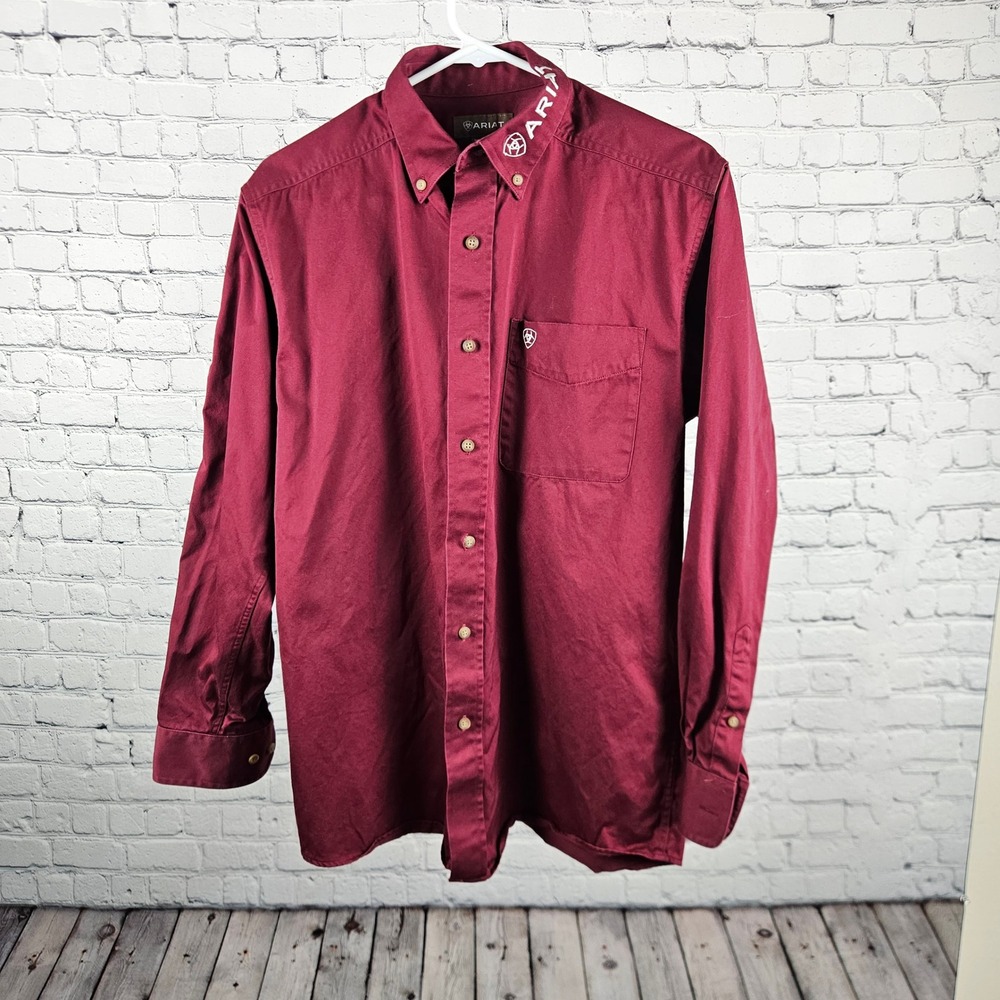 Ariat Mens Burgundy Long Sleeve Button Down Western Shirt Logo Sleeve Small